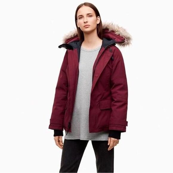 Aritzia TNA Goose Down Waterproof Windproof Fur Hood Jacket XS - Olive Brown - Picture 6 of 8